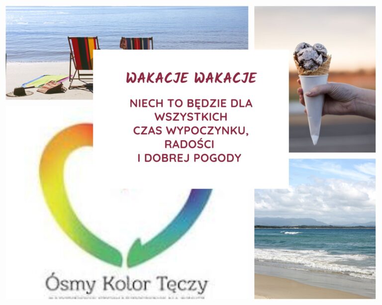 Tekst Wakacje Wakacje Niech to będzie dla wszystkich czas wypoczynku, radości i dobrej pogody na środku . Tłem są 4 wakacyjne zdjęcia. Na pierwszym plażą na drugim lody, na trzecim logo stowarzyszenia i na czwartym morze