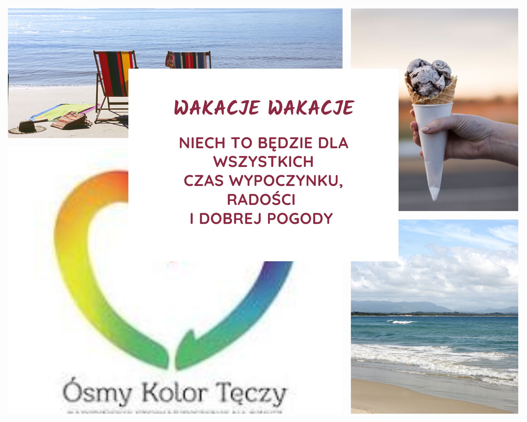 Tekst Wakacje Wakacje Niech to będzie dla wszystkich czas wypoczynku, radości i dobrej pogody na środku . Tłem są 4 wakacyjne zdjęcia. Na pierwszym plażą na drugim lody, na trzecim logo stowarzyszenia i na czwartym morze